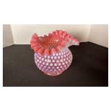 Fenton cranberry opalescent hobnail glass ruffled edge rose bowl vase