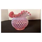 Fenton cranberry opalescent hobnail glass ruffled edge rose bowl vase