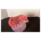 Fenton cranberry opalescent hobnail glass ruffled edge rose bowl vase