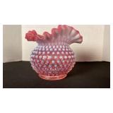 Fenton cranberry opalescent hobnail glass ruffled edge rose bowl vase