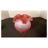 Fenton cranberry opalescent hobnail glass ruffled edge rose bowl vase