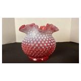 Fenton cranberry opalescent hobnail glass ruffled edge rose bowl vase