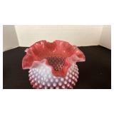 Fenton cranberry opalescent hobnail glass ruffled edge rose bowl vase
