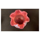 Fenton cranberry opalescent hobnail glass ruffled edge rose bowl vase