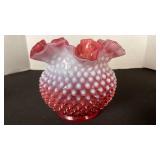 Fenton cranberry opalescent hobnail glass ruffled edge rose bowl vase