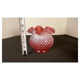 Fenton cranberry opalescent hobnail glass ruffled edge rose bowl vase