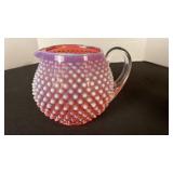 Fenton cranberry opalescent hobnail glass squat jug pitcher