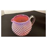 Fenton cranberry opalescent hobnail glass squat jug pitcher