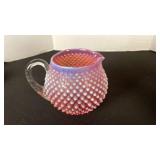 Fenton cranberry opalescent hobnail glass squat jug pitcher
