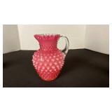 Fenton cranberry opalescent hobnail glass ruffled edge pitcher