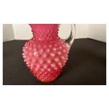 Fenton cranberry opalescent hobnail glass ruffled edge pitcher