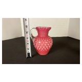 Fenton cranberry opalescent hobnail glass ruffled edge pitcher