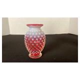 Fenton cranberry opalescent hobnail glass ruffled edge vase toothpick holder