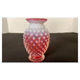 Fenton cranberry opalescent hobnail glass ruffled edge vase toothpick holder