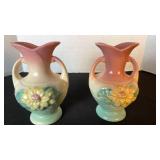 Pair of Hull Art waterlily dual handled vases