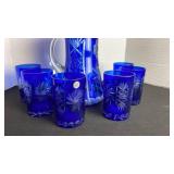 Romanian cobalt cut to clear glass pitcher with 6 glasses