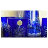 Romanian cobalt cut to clear glass pitcher with 6 glasses