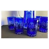 Romanian cobalt cut to clear glass pitcher with 6 glasses