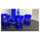 Romanian cobalt cut to clear glass pitcher with 6 glasses