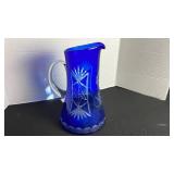 Romanian cobalt cut to clear glass pitcher with 6 glasses