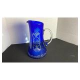 Romanian cobalt cut to clear glass pitcher with 6 glasses