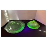 Hocking Princess UV reactive depression glass plate and lidded dish