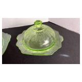 Hocking Princess UV reactive depression glass plate and lidded dish