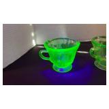 Federal parrot UV reactive depression glass creamer and sugar ser