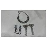 Art deco shoe clips, earrings and necklace
