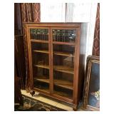 Antique Larkin-Inspired quarter sawn oak leaded pane glass front display bookcase 59 x 42 x 14 in