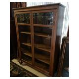 Antique Larkin-Inspired quarter sawn oak leaded pane glass front display bookcase 59 x 42 x 14 in