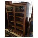 Antique Larkin-Inspired quarter sawn oak leaded pane glass front display bookcase 59 x 42 x 14 in