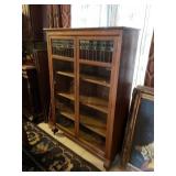 Antique Larkin-Inspired quarter sawn oak leaded pane glass front display bookcase 59 x 42 x 14 in