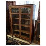 Antique Larkin-Inspired quarter sawn oak leaded pane glass front display bookcase 59 x 42 x 14 in