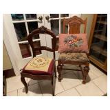 Antique carved balloon back chair with needlepoint seat, other upholstered seat chair (needs repair) and needlepoint pillow