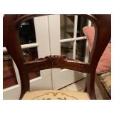 Antique carved balloon back chair with needlepoint seat, other upholstered seat chair (needs repair) and needlepoint pillow