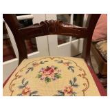 Antique carved balloon back chair with needlepoint seat, other upholstered seat chair (needs repair) and needlepoint pillow