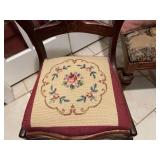 Antique carved balloon back chair with needlepoint seat, other upholstered seat chair (needs repair) and needlepoint pillow