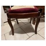 Antique carved balloon back chair with needlepoint seat, other upholstered seat chair (needs repair) and needlepoint pillow