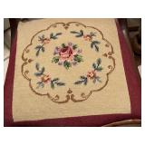 Antique carved balloon back chair with needlepoint seat, other upholstered seat chair (needs repair) and needlepoint pillow