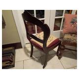Antique carved balloon back chair with needlepoint seat, other upholstered seat chair (needs repair) and needlepoint pillow