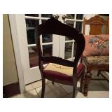 Antique carved balloon back chair with needlepoint seat, other upholstered seat chair (needs repair) and needlepoint pillow