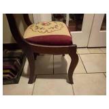 Antique carved balloon back chair with needlepoint seat, other upholstered seat chair (needs repair) and needlepoint pillow