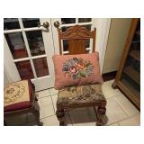 Antique carved balloon back chair with needlepoint seat, other upholstered seat chair (needs repair) and needlepoint pillow