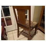 Antique carved balloon back chair with needlepoint seat, other upholstered seat chair (needs repair) and needlepoint pillow