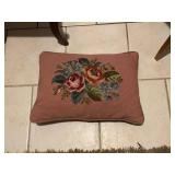 Antique carved balloon back chair with needlepoint seat, other upholstered seat chair (needs repair) and needlepoint pillow