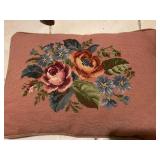 Antique carved balloon back chair with needlepoint seat, other upholstered seat chair (needs repair) and needlepoint pillow