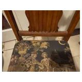 Antique carved balloon back chair with needlepoint seat, other upholstered seat chair (needs repair) and needlepoint pillow