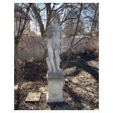 Concrete garden statue depicting the Roman god Bacchus on concrete base approximately 88 x 18 x 18 in VERY HEAVY will need help and equipment to remove. Easy alley to backyard access.
