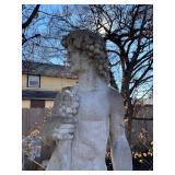 Concrete garden statue depicting the Roman god Bacchus on concrete base approximately 88 x 18 x 18 in VERY HEAVY will need help and equipment to remove. Easy alley to backyard access.
